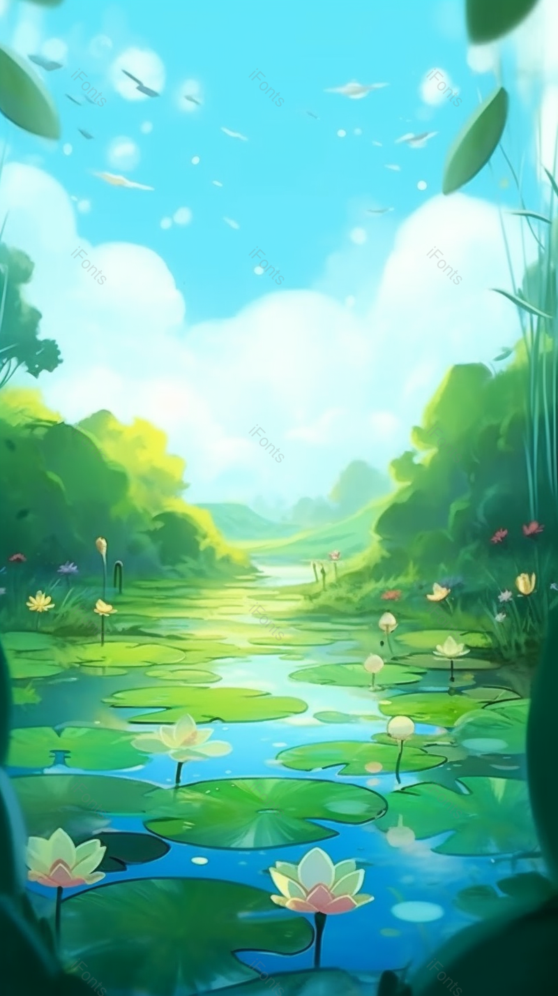 绿色蓝天白云下夏天池塘荷叶荷花背景,插画/手绘图,插画/手绘图库,插画/手绘图下载,插画/手绘